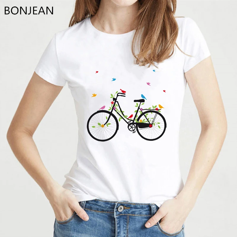 Cute T Shirt Women Bicycle Leaves Birds Printed Tshirt Life Is A Beautiful Ride Graphic T Shirts White Summer Top Female T-Shirt