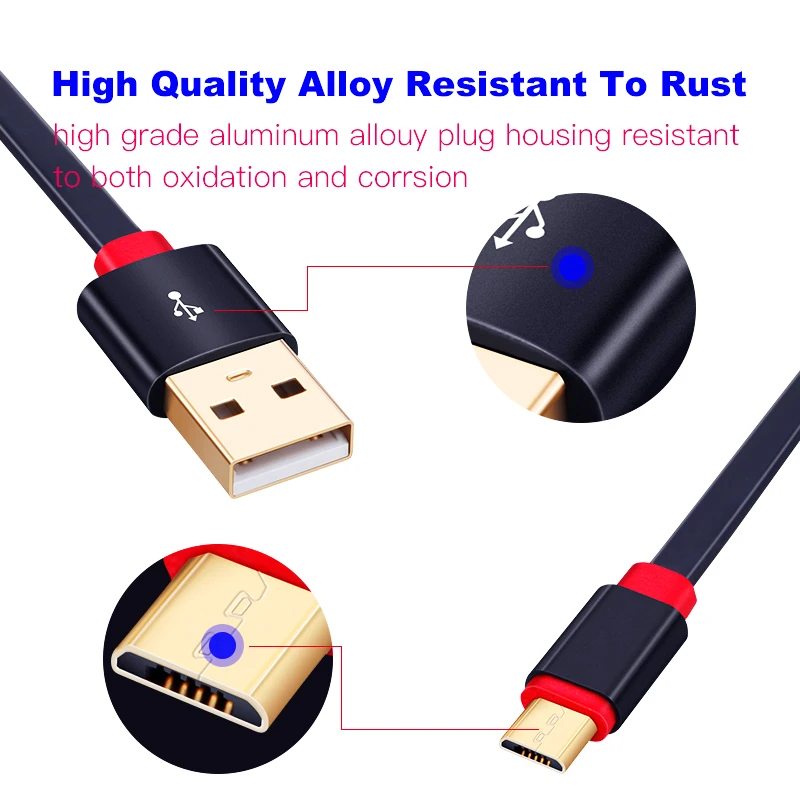 急速充電usbケーブルフラット金メッキマイクロusbラインandroid携帯電話のデータ同期充電器ラインxiaomiサムスンのandroid