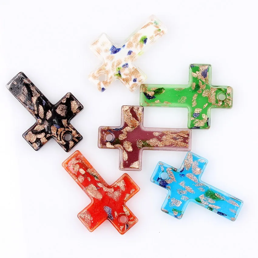 QianBei Wholesale 6pcs Handmade Murano Lampwork Glass Cross Pendant For Necklace P0067