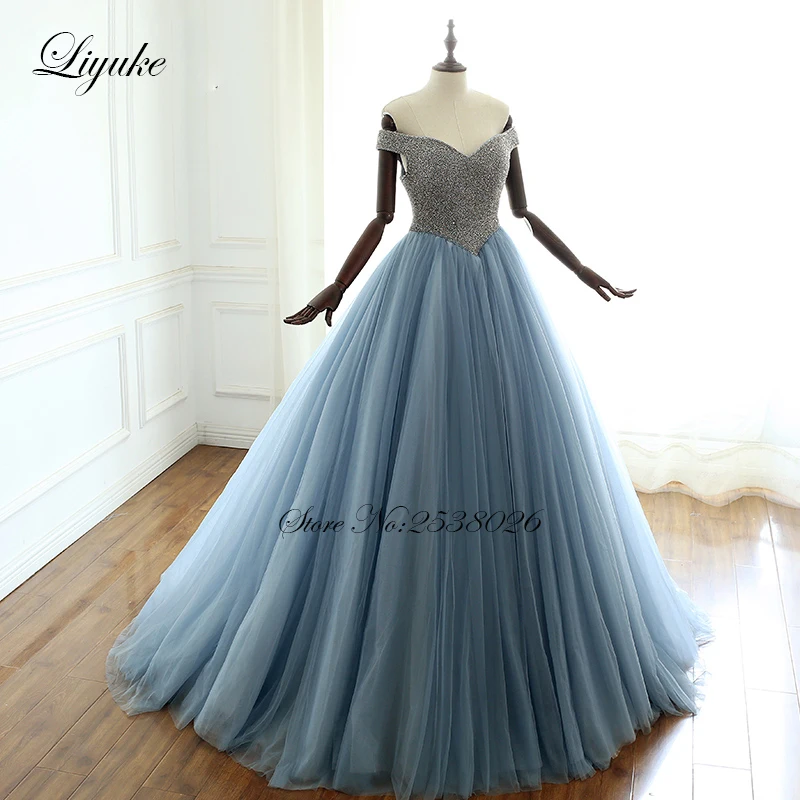 Liyuke Off The Shoulder A-Line Evening Dresses Full Bust Beading Dress With Lace Up Closure