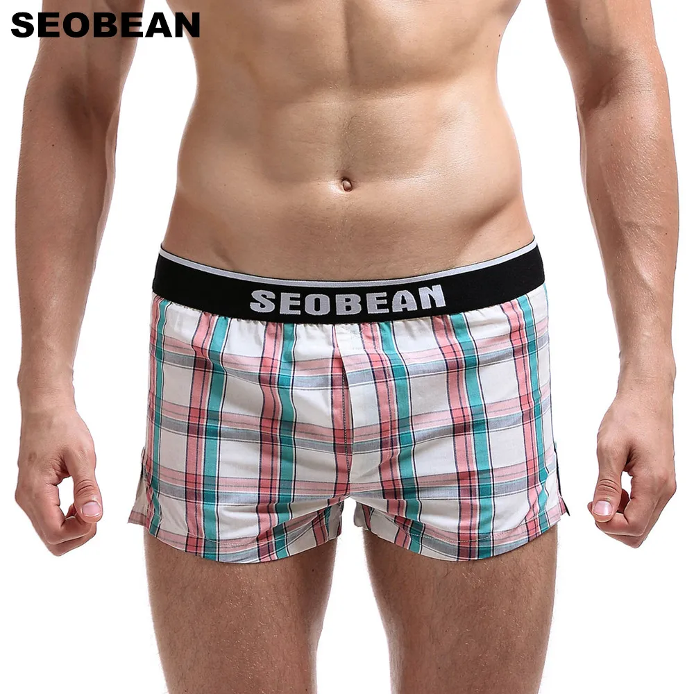 Seobean High Quality Plaid Loose Boxer Shorts Mens Underwear Cotton Underpants Boxers Penis Bag Home Sleep Wear Shorts for Man