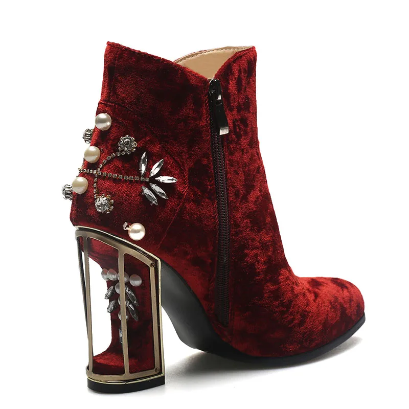 Phoentin crystal flower ankle boots pearl metal fretwork super high heels beautiful zipper women boots red shoes FT270