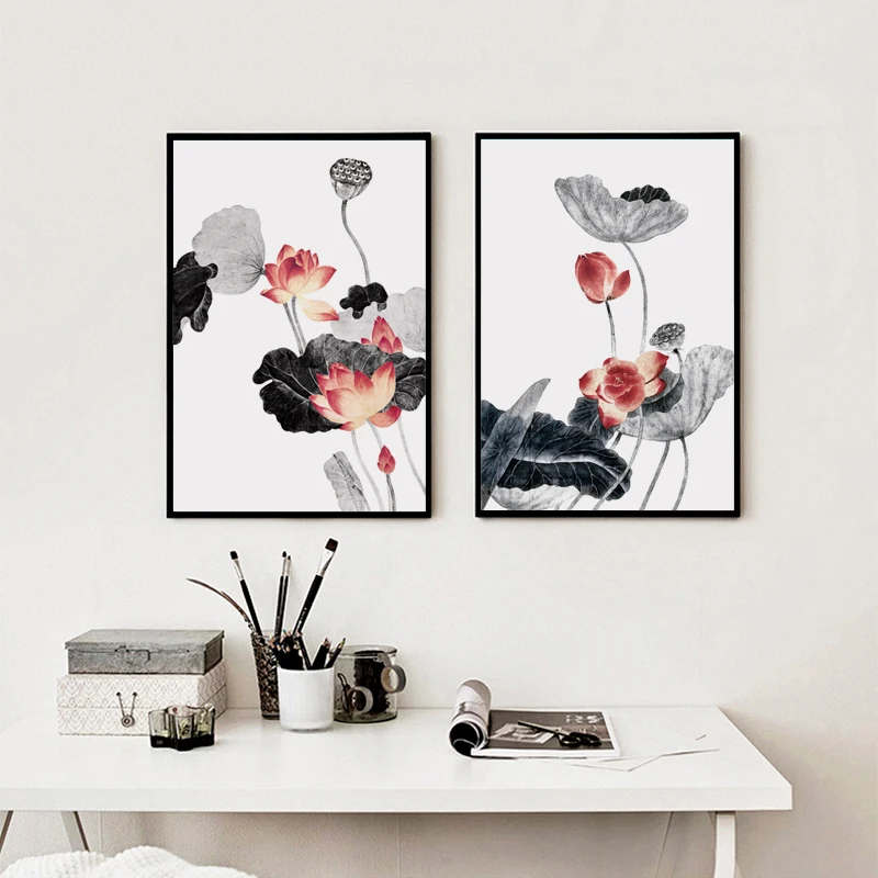 Vintage Chinese Lotus Ink Painting Abstract Flower Art Canvas Wall Picture  Bedroom Decoration Print Poster Can Be Customized