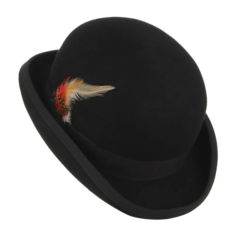 GEMVIE 4 Tailles 100% Noir en Feutre de laine Derby Melon Chapeau Pour Hommes Femmes Plume Doublure En Satin décontracté Formel Fedora