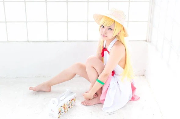 Bakemonogatari Nisemonogatari Hanekawa Tsubasa Shinobu Oshino Cosplay costume white dress and pink skirt with hat 11