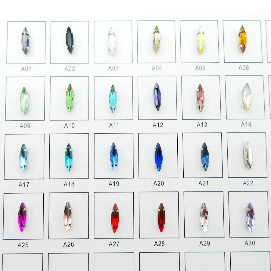 Colorful glass Crystal strass Silver claw 4*15mm narrow Leaf Horse eye Navette shape Sew on rhinestone garment bags applique diy