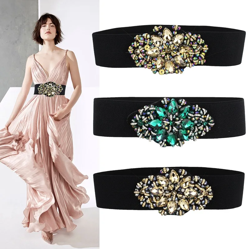 Rhinestone Elastic Belt luxury full crystal gem black female waistband fur coats down generation womens dress belts SD29