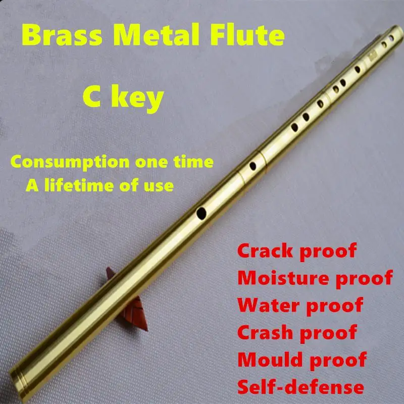 Brass Metal Flute Dizi C Key Metal Flauta Profesional Transverse Flute Musical Instrument One Section Self-defense Weapon Flauta