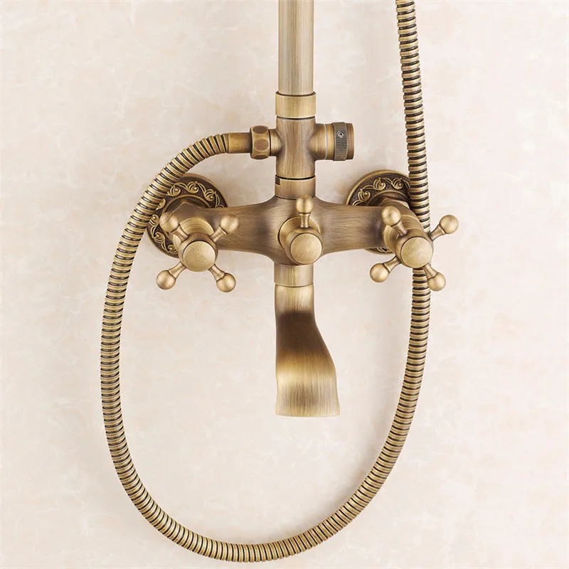 Imagem -05 - Antique Brass Shower Faucet Grupo Torneira Misturadora de Banheira Chuveiro Portátil Wall Mounted Rainfall Bath Crane Wf6821