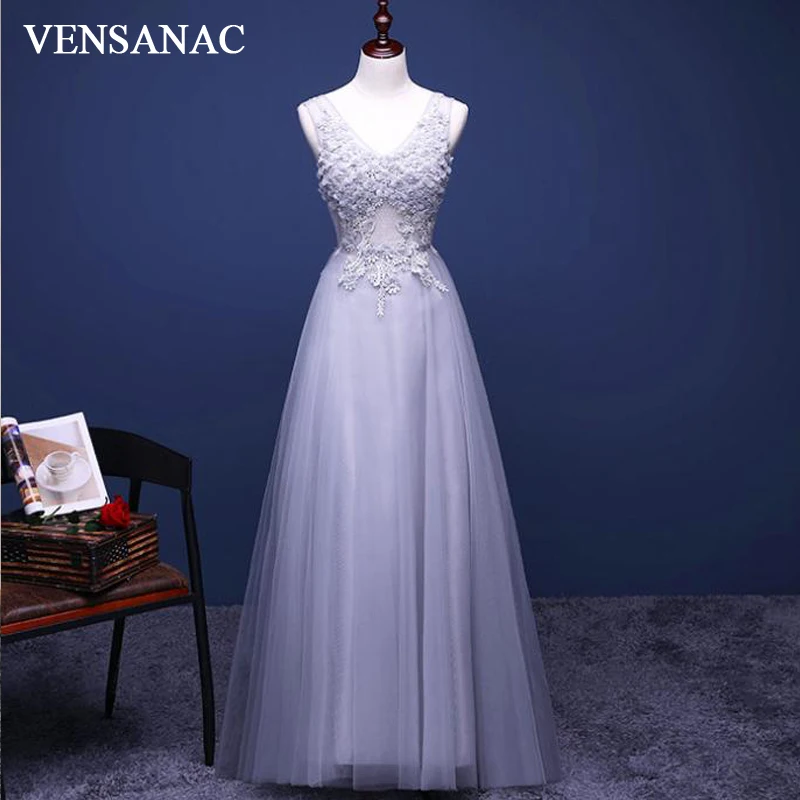 

VENSANAC 2018 V Neck Flowers Crystals Long Evening Dresses Elegant A Line Tulle Party Lace Appliques Prom Gowns