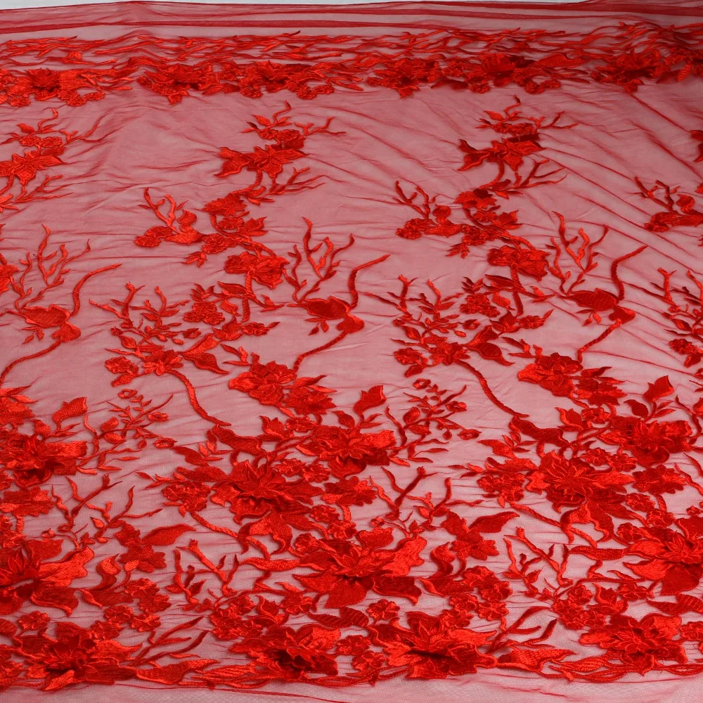 Hot popular red off white pink heavy polyester 3d flower on tulle lace fabric stage performance evening dress lace fabric 1yard