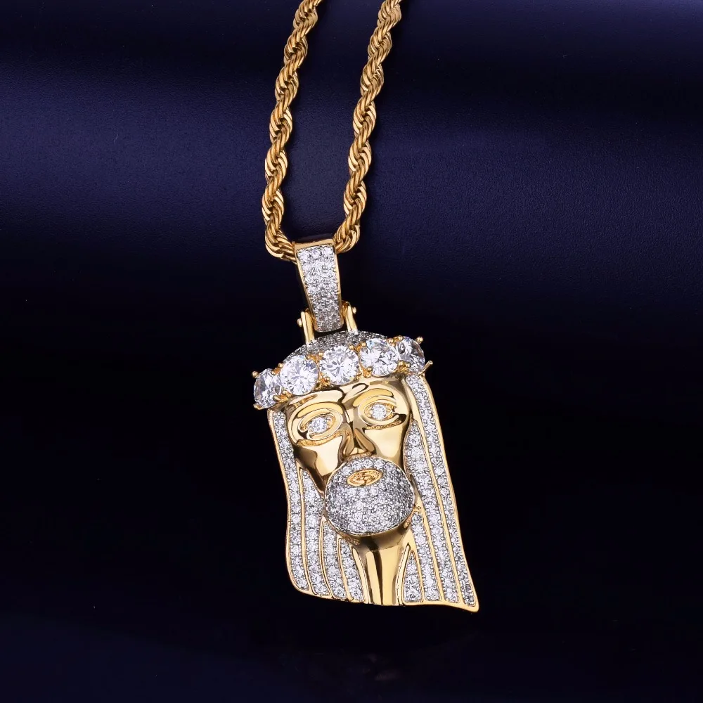 Bubble Letter Iced Religious Jesus Head Pendant Necklace Gold Color Bling Cubic Zircon Men\'s Hip Hop Jewelry For Gift