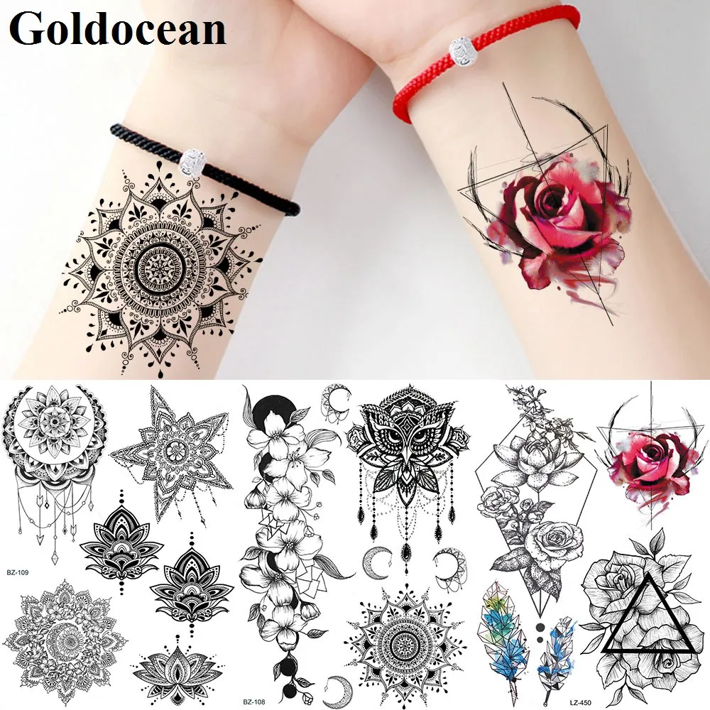 GoldOcean Flash Waist Red Rose Mandala Henna Flower Tattoos Temporary Fake Waterproof Arm Tattoo Stickers Body Art Custom Tatoos