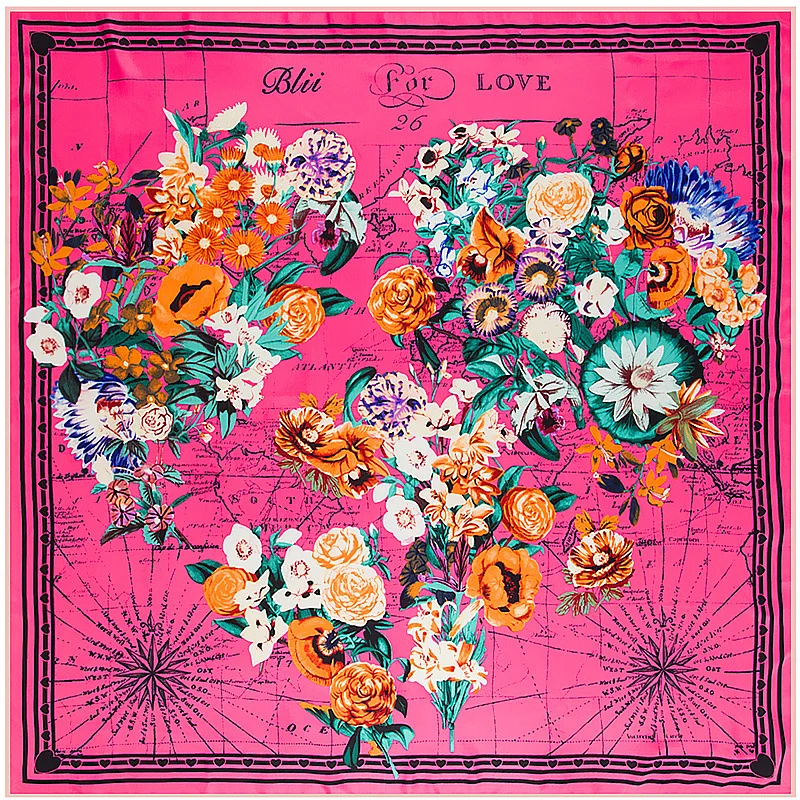 New fashion 100% silk scarf women's Love Flower World Map print hight quality scarf scarves large shawl headscarf