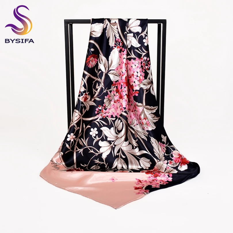 [BYSIFA] Women Chinese Style Navy Blue Pink Silk Scarf Shawl Winter Brand Square Satin Scarves Wraps Spring Autumn Headscarves