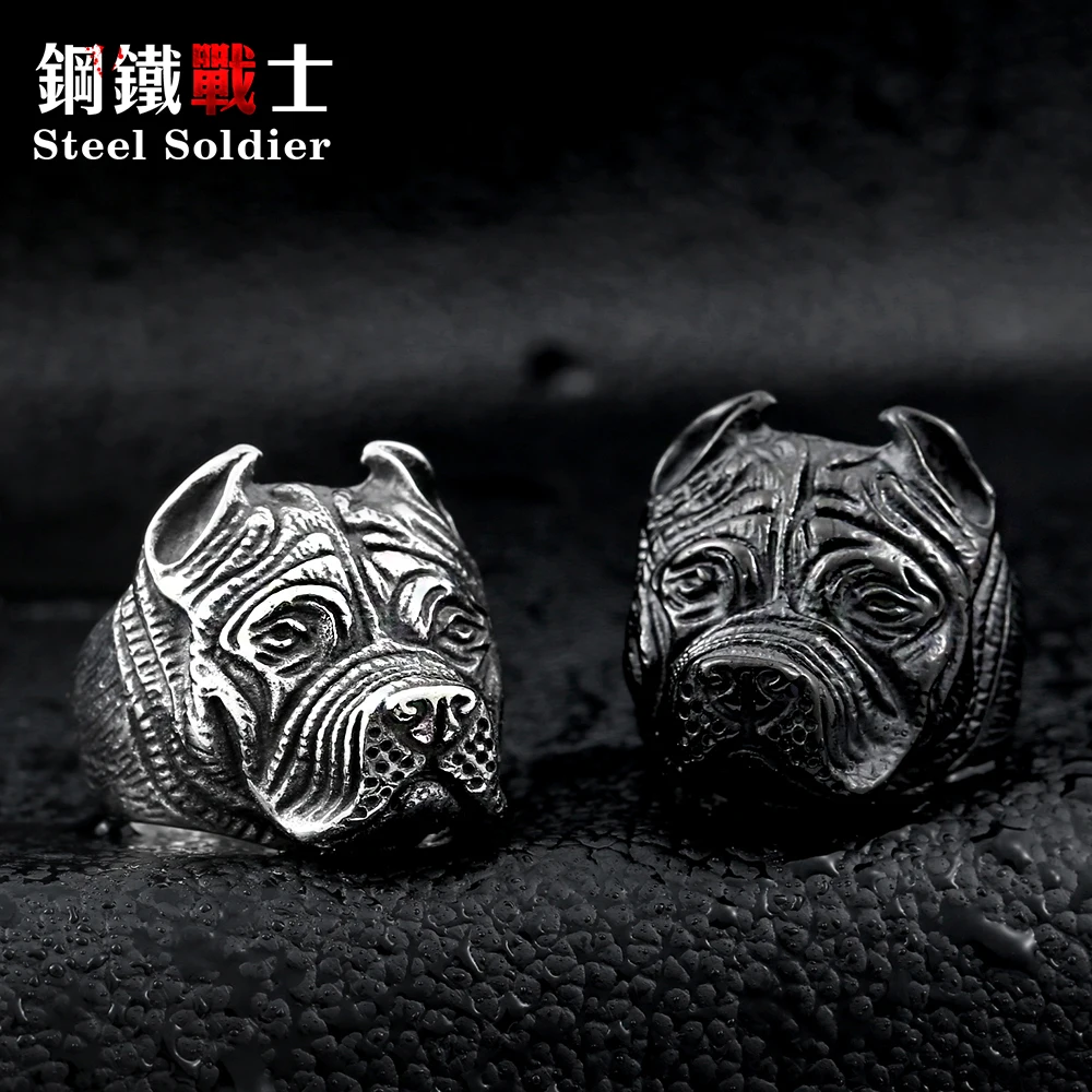 steel soldier Wholesale Exaggerated Ring Pit Bull Bulldog Dog Rings Men Personality Titanium Steel Animal Jewelry