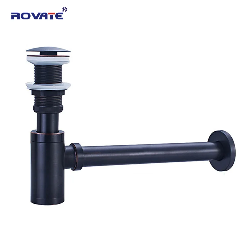 ROVATE Basin Bottle Trap Brass Bathroom Sink Siphon Drains with Pop Up Drain Black P-TRAP Pipe Waste