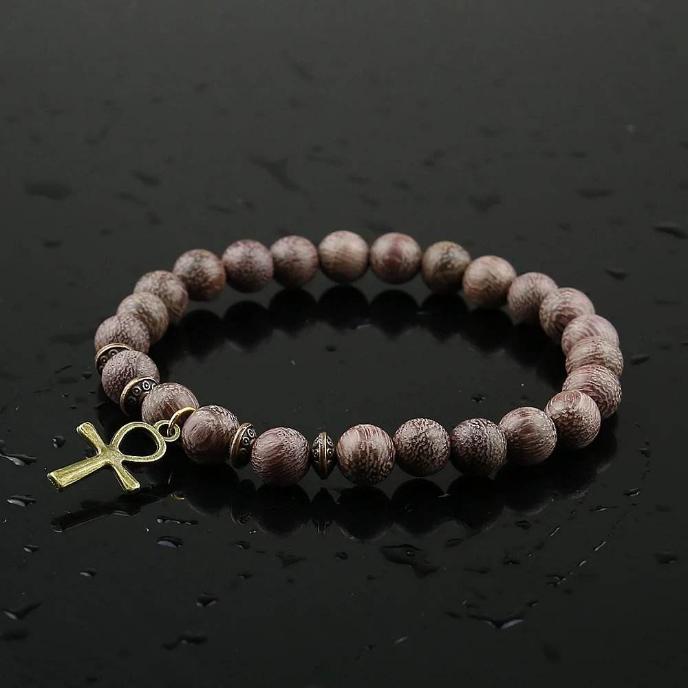 Men Wood Beads Bracelets Natural Violets Wood Egyptian Ankh Cross Bead Bracelet Wooden Women Girls Egypt Hieroglyphs,Crux Ansata