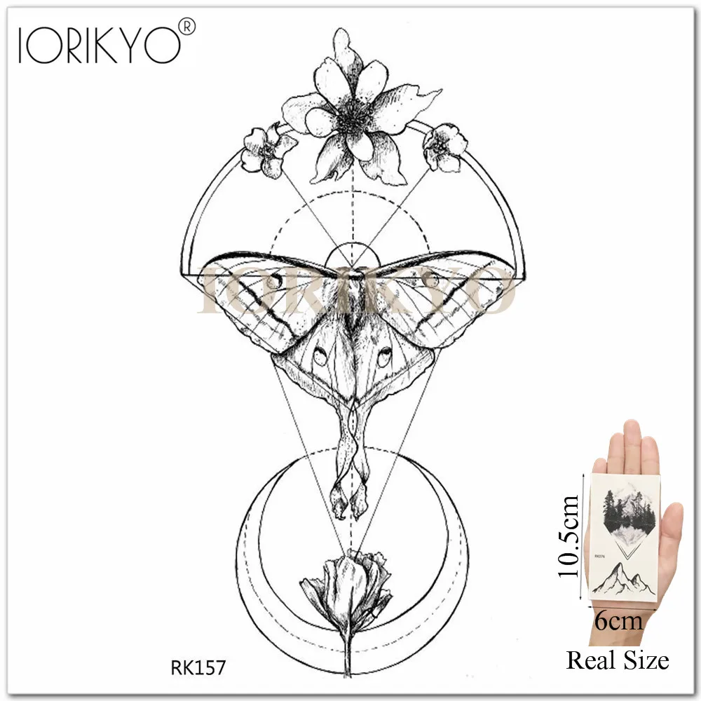 IORIKYO Geometric Triangle Planet Temporary Tattoo Women Fashion Black Moth Waterproof Tatoos Men Moon Arm UFO Tattoo Sticker