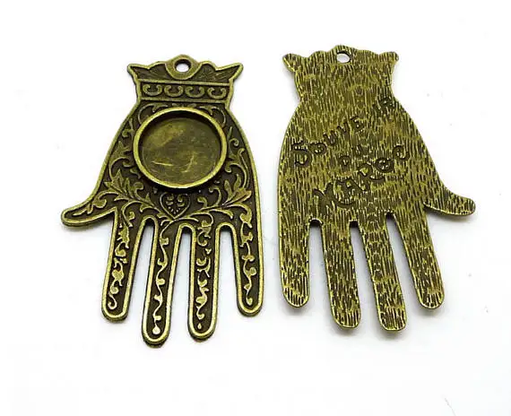 3pcs Vintage Antique Silver tone/Antique Bronze Heavy Filigree The hand of Fatima Hamsa Pendant Charm/Finding,fit 14mm Cabochon