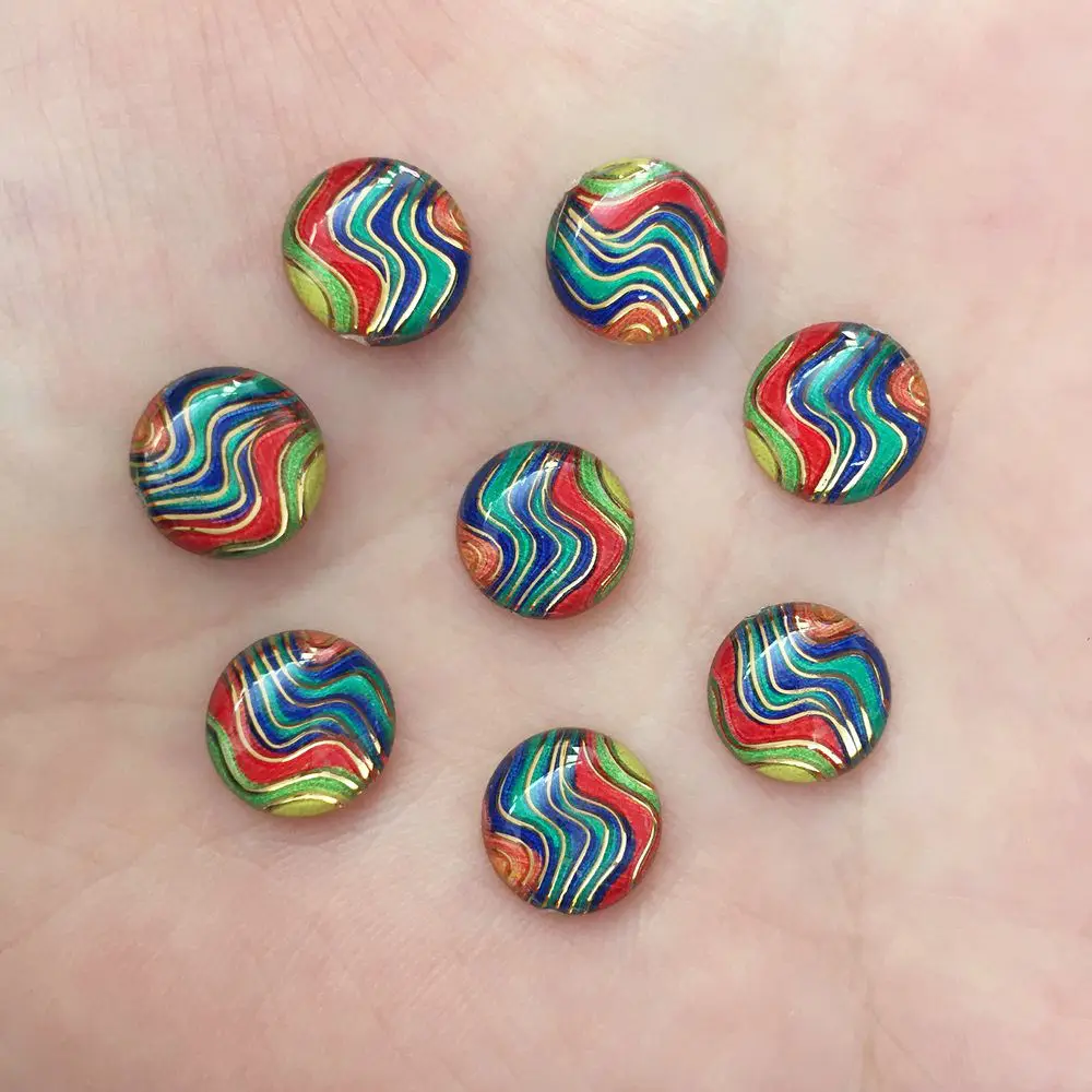 80pcs Resin 10mm Round Colourful Wave Pattern Flatback Rhinestone Ornaments DIY Wedding Appliques Craft W57