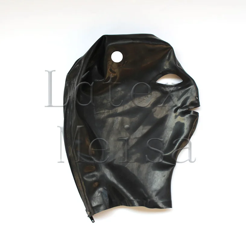

Hair holes design latx hood mask open eyes nostrils mouth with back zip for women