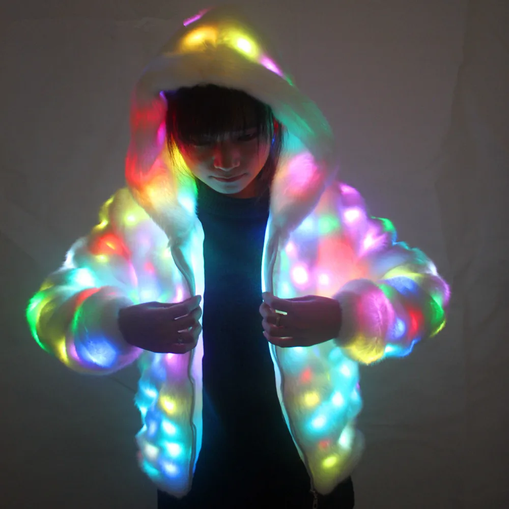 

LED Luminous Faux Fur Coat Lady Bar Dance Show Nightclub Clothes LED DJ Costumes. Christmas, Halloween Party, Cospaly Suit