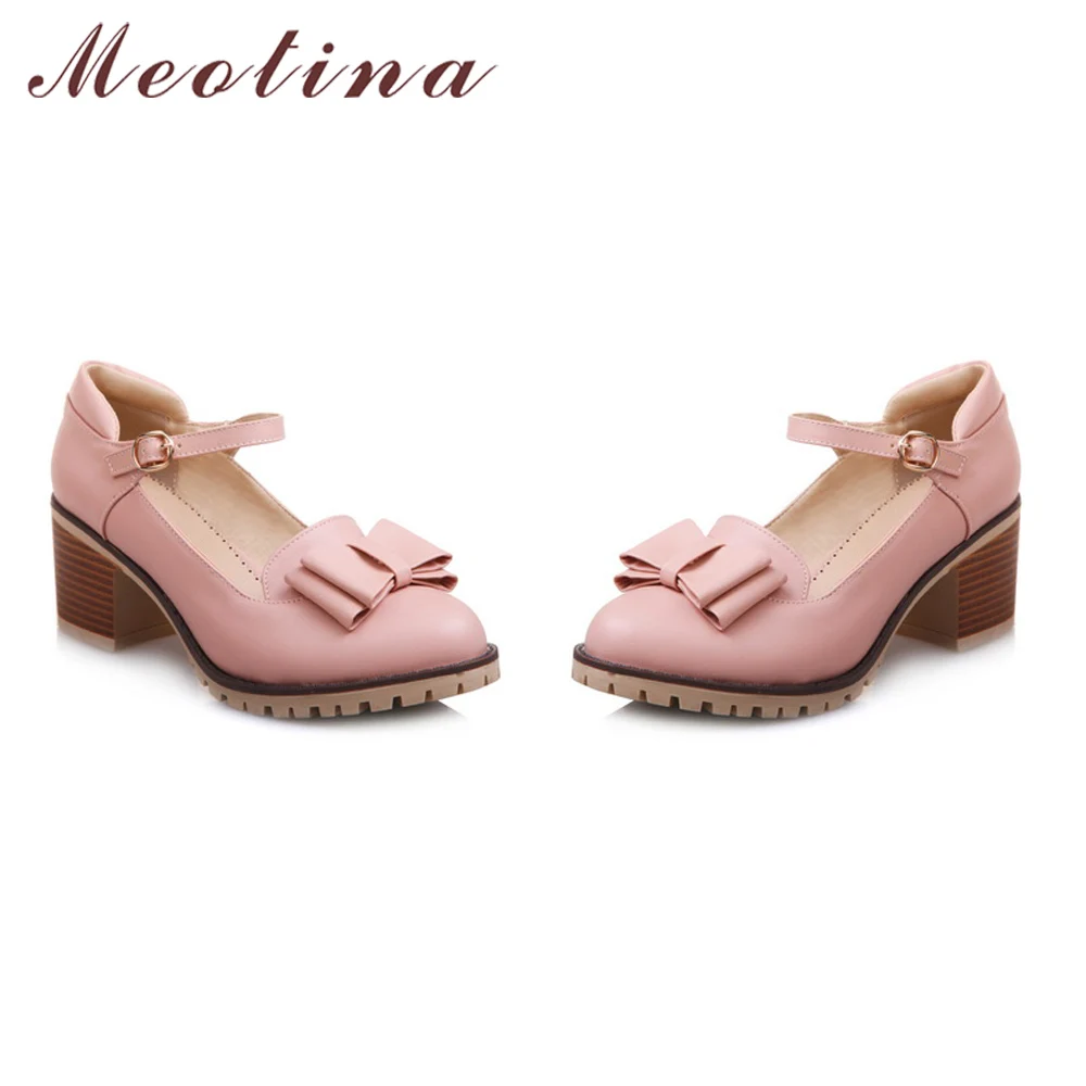 Meotina Women Pumps Lolita Shoes Platform High Heels Pink Mary Jane Shoes Bow Block Heel Ladies Party Shoes Large Size 33-43