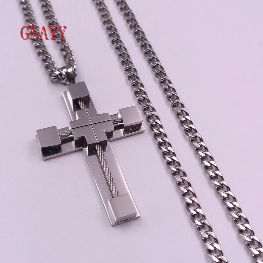 GNAYY Jewelry Religious Stainless Steel Large steel wire Cross Charms Pendant Necklace  chain 18''-32''for women men Boys