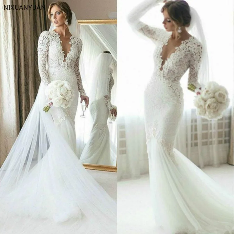 

2023 Full Lace Mermaid Wedding Dress Sweep Train Long Sleeve Bridal Gown Summer Beach Custom Made Vestido De Novia Plus Size