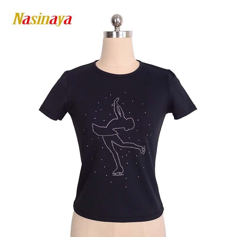 

Women's Training Competition Customized Figure Skating T-shirt Top Patinaje Rhythmic Gymnastics Black Round Neck Short Sleeve