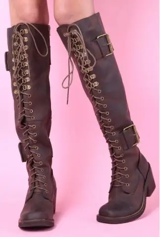 Top Quality Brown Lace Up Women Winter Boots Square Toe Knee High Riding Boots Chunky High Heels Ladies Shoes With Buckle