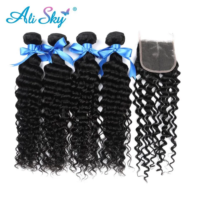 

Alisky Hair Peruvian Deep Curly 4 Bundles With Frontal Closure Remy Hair Extension Human Hair Weave Bundles With Closure