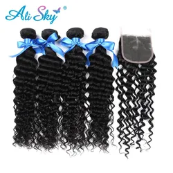 Alisky Hair Peruvian Deep Curly 4 Bundles With Frontal Closure Remy Hair Extension Human Hair Weave Bundles With Closure
