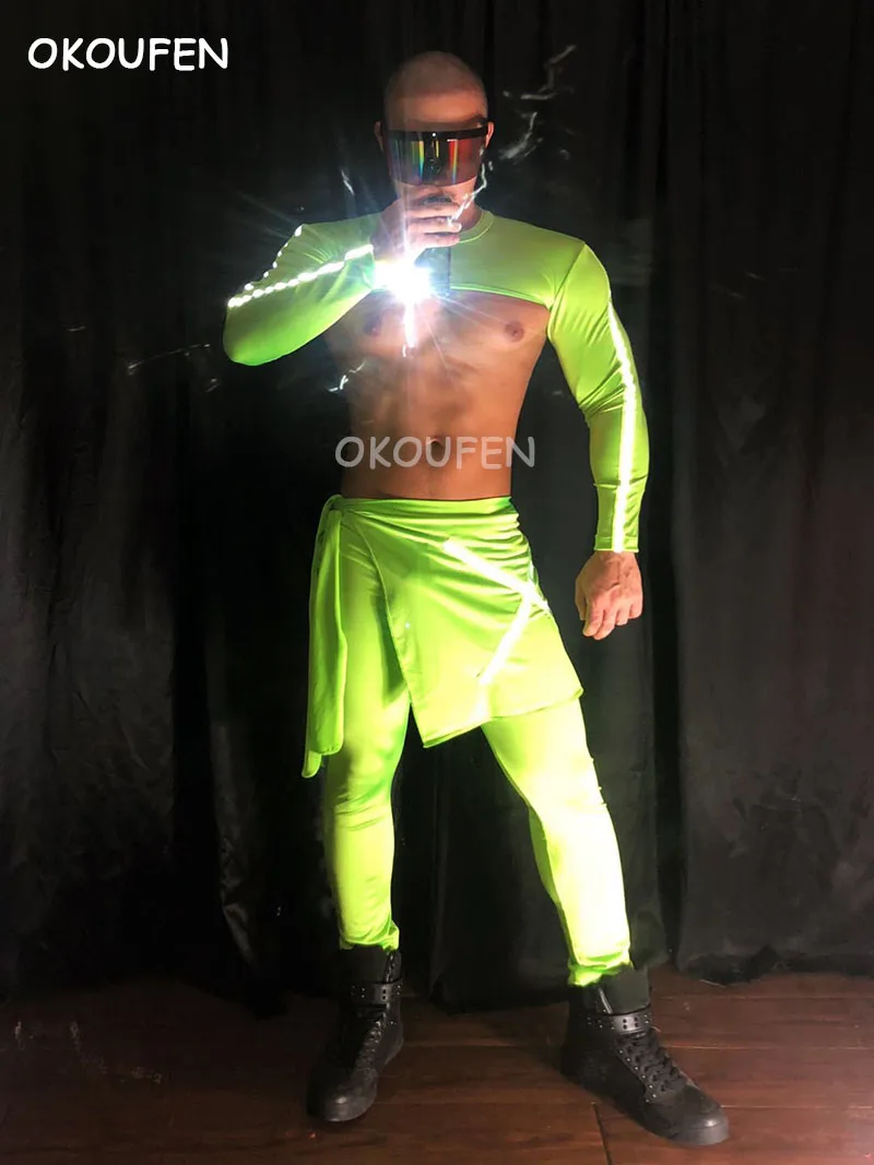 Night scene male singer dancer stage  ds reflective fluorescent strip  costumes party show theme clothing