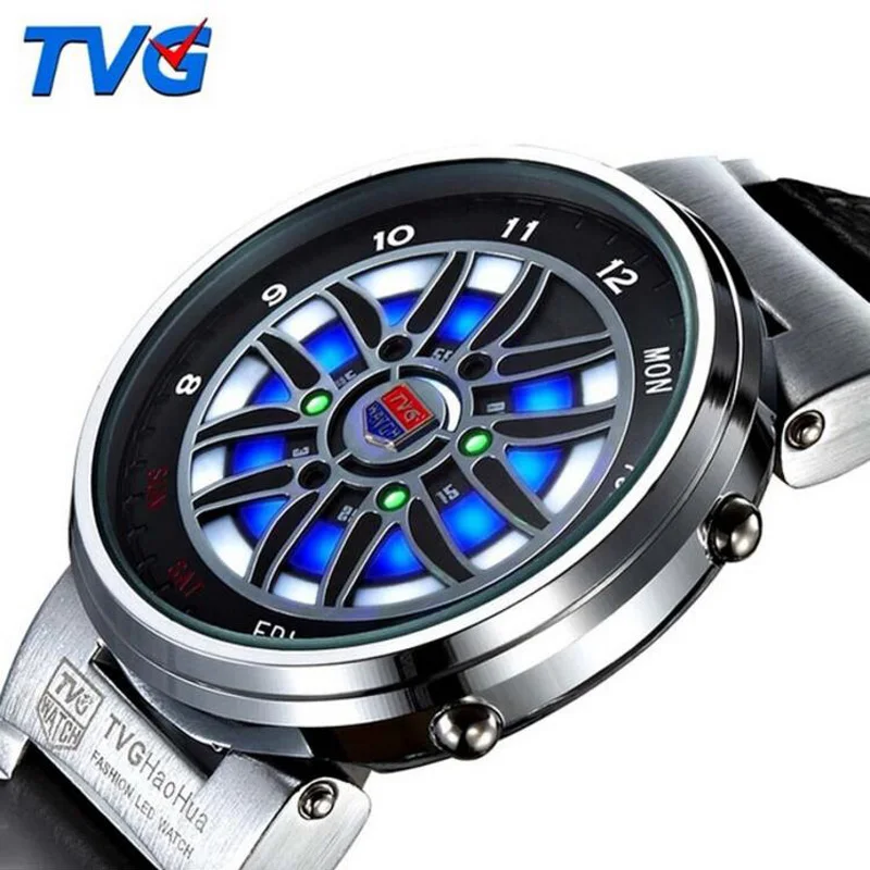 

Top Brand TVG Led Watch Men Creative Car Roulette Blue Led Dispaly Binary Watch Men Fashion Men Sports Watches relogio masculino