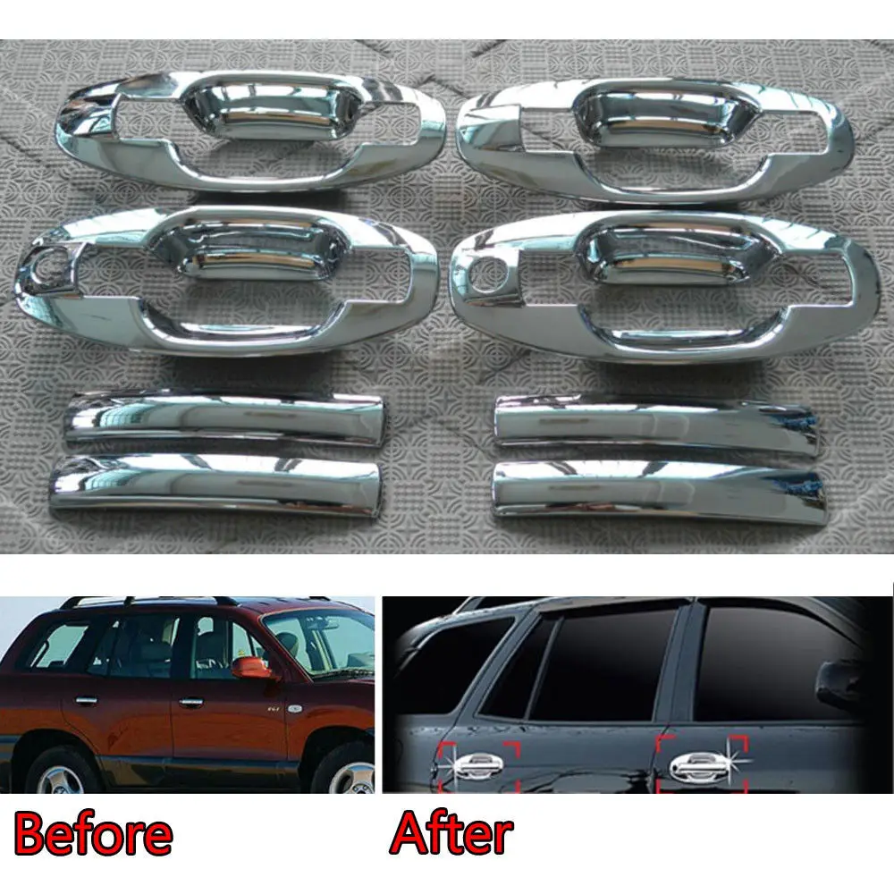 BBQ@FUKA Chrome ABS Car Door Handle + Bowl Cover Trims Overlay Garnish Fit For Hyundai Santa Fe 2001-2006 The 1st Gen.