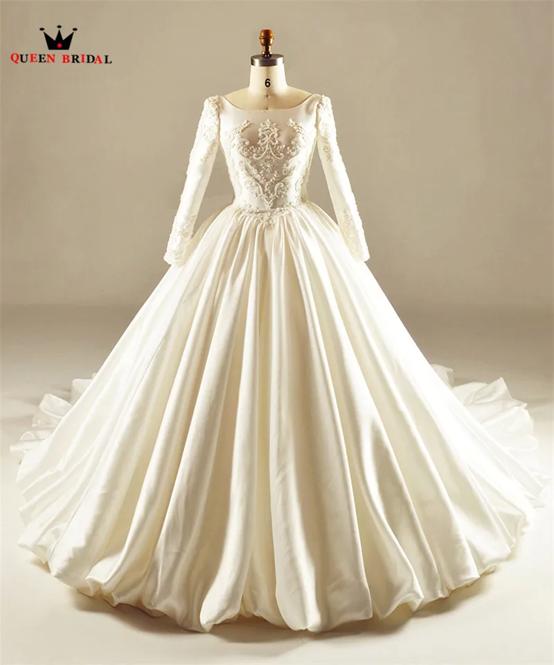 제국 긴 소매 새틴 레이스 구슬 럭셔리 빈티지 웨딩 드레스 새로운 2023 실제 사진 웨딩 드레스 맞춤 제작 XH24