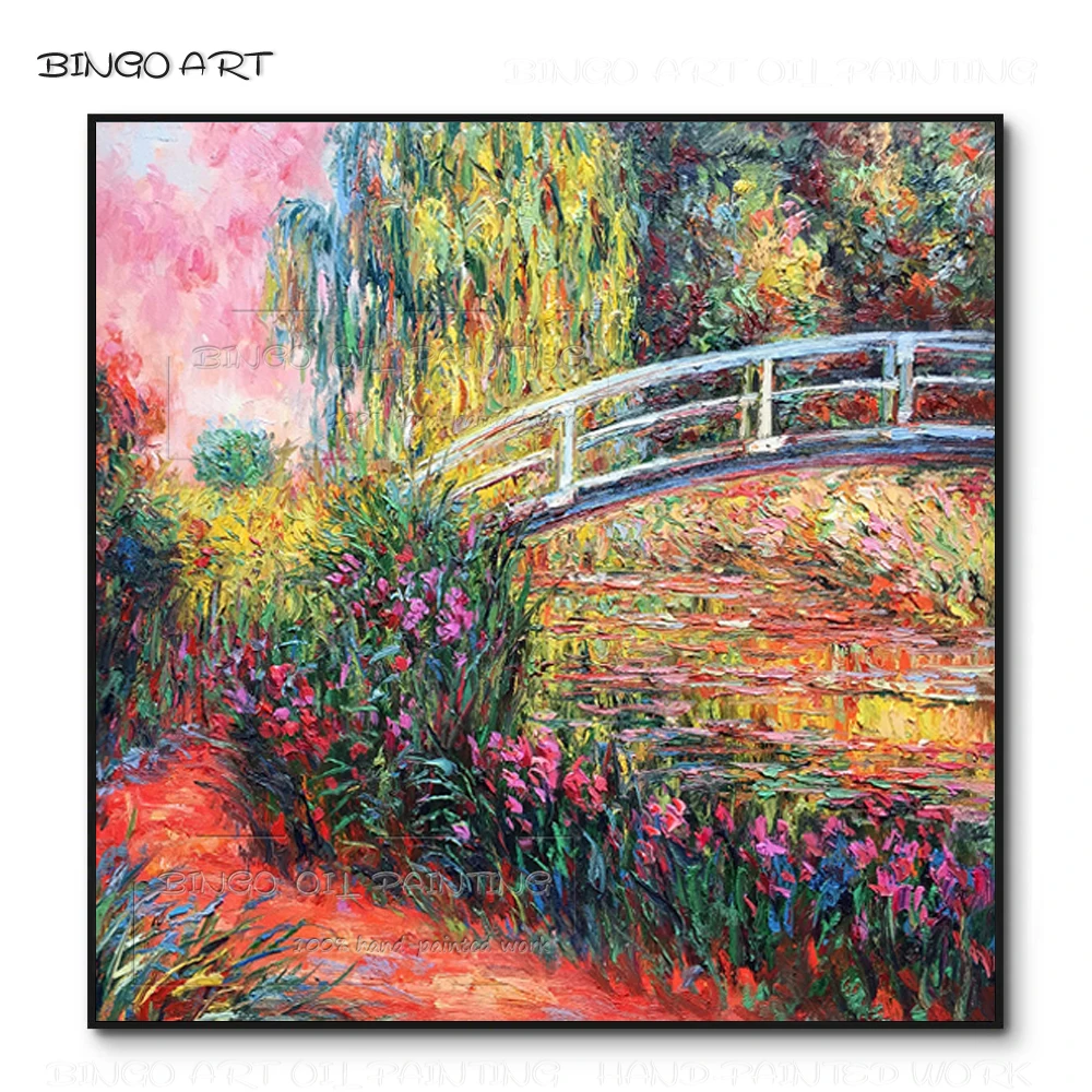 

Artist Hand-painted Water Lilies and Bridge Oil Painting Claude Monet Painting Vintage Home Decoration Japan Bridge Oil Painting