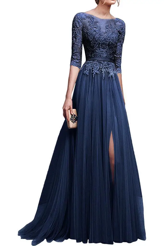 Robe longue de demoiselle d'honneur en tulle, élégante, rose bleu marine, appliques en dentelle, manches mi-longues, fente haute, robe d'invité de mariage et de fête