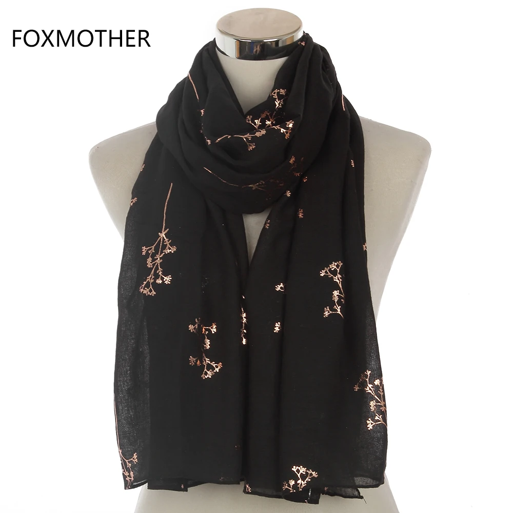 FOXMOTHER New Design Femal Black Grey Red Metallic Gold Foil Glitter Floral Shawls Wrap Scarf For Women