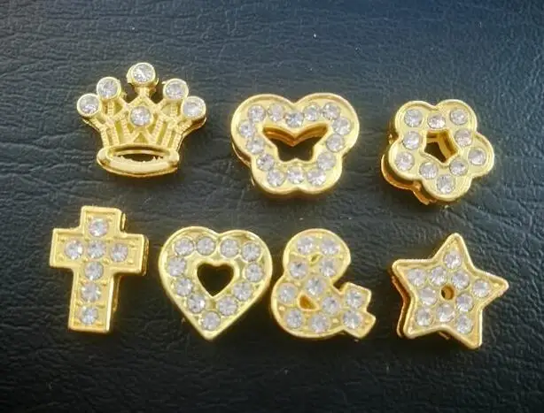 

8mm mix gold color slide charms crown butterfly flower cross heart & star 120pcs/lot fit for 8mm diy wristband bracelet