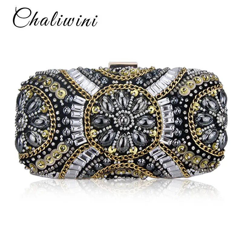 Chalwini Vrouwen Crystal Avondtasje Retro Kralen Clutch Tassen Wedding Diamond Kralen Tas Strass Kleine Schoudertassen