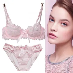 Bra & Brief Sets women sexy Underwear set push up thin female ultra-thin sexy lace bra transparent plus size