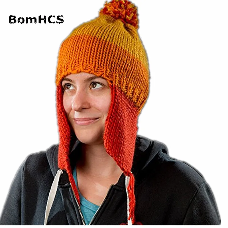 BomHCS European Style Mosaic Earflap Hat 100% Handmade Knit Winter Unisex Beanie