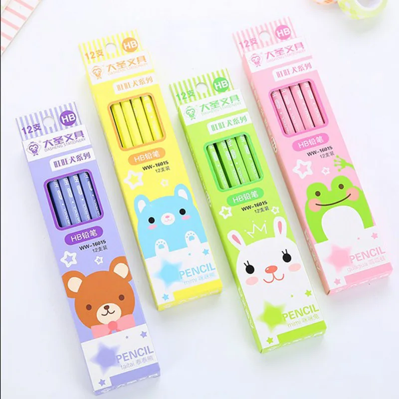 12pcs/Lot Cute Cartoon Animal Rabbit Frog HB Pencil With Eraser School Supplies Kids Writing Pen Kawaii Bear Painting Pencil