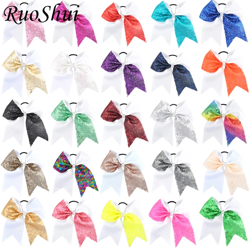 7 inch 26 pcs/lot Rhinestone Cheerleading Bow Rainbow Sequin Ribbon Girls Elastic Hair Band Woman Scrunchy Hair Accessories