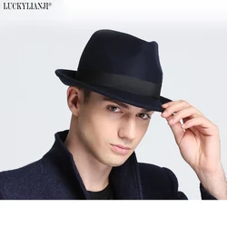 LUCKYLIANJI-Chapeaux rétro en feutre dur pour hommes et femmes, possède large bord, Billycock Sag Top Bowler, Derby Jazz Fedora anderCasual Hats, Taille 57cm