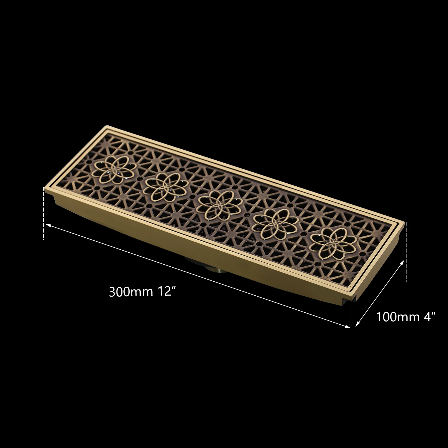 KEMAIDI  Antique Brass  Bathroom Shower Floor Drain Grates Waste Linear Tile Insert Long Drainer Floor Drain 300mm*100mm