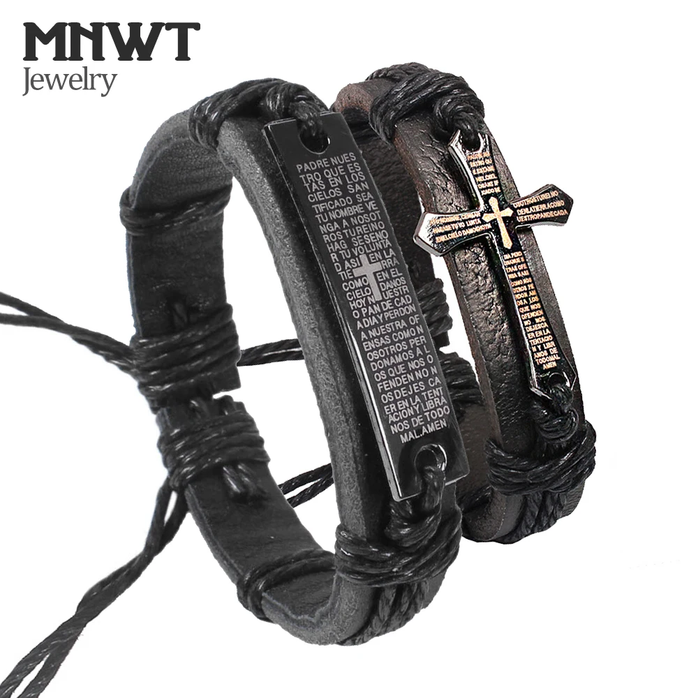 

MNWT Fashion Wamen Men Vintage Leather Bracelets Bible Text Prayer Cross Adjustable Wax Cord Handmade Cross Bracelet
